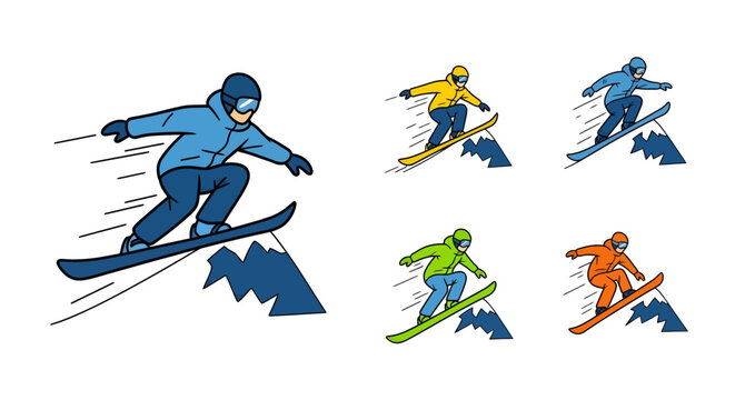 Colorful Skiers in Motion Silhouettes.