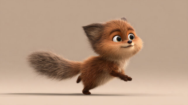 Cute cartoon red fox running with fluffy tail