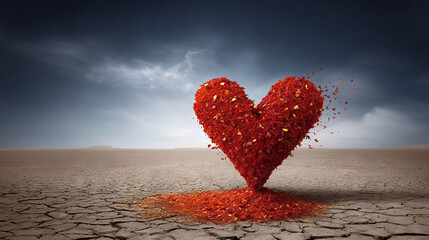 Fototapeta premium Heart made of red petals dissolving into arid landscape