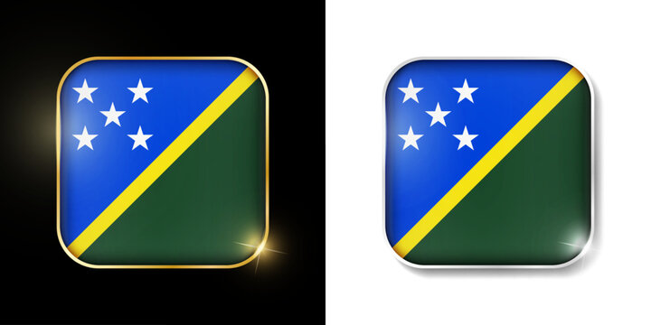 Solomon Islands flag shiny golden and silver icons isolated on black and white. Vector 3D square rounded illuminated buttons with shadow. Use for bets, tournament, sport games