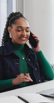 Laptop, talking and woman with phone call in creative agency, manuscript feedback and project update. Smile, draft revision tips or screenwriter with production budget negotiation, pitch idea or tech