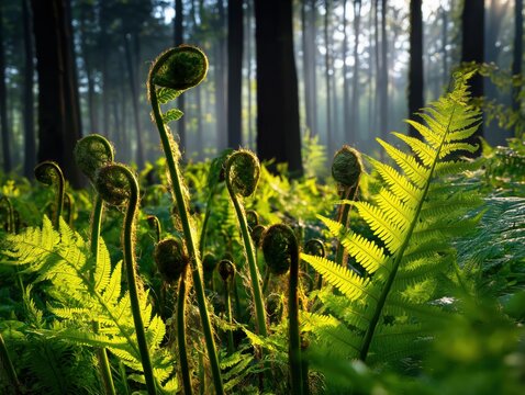 Fresh green fern fiddleheads unfurling in the morning sunlight within a lush vibrant temperate forest ecosystem