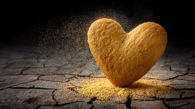 Heart-Shaped Dessert with Granular Crumbs on Cracked Surface