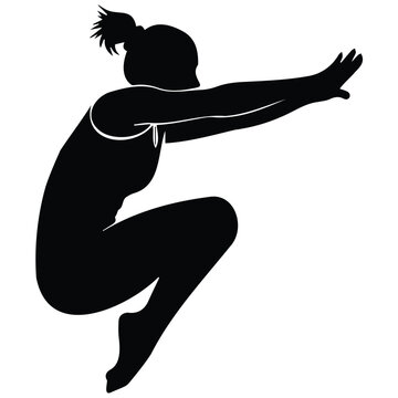 Female gymnast performing an athletic squat jump silhouette vector