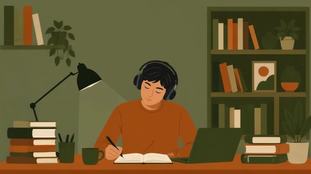 A young person wearing headphones sits at a desk writing in a notebook, creating a serene and focused atmosphere while studying in a cozy library setting full of books and warm lamp lighting.