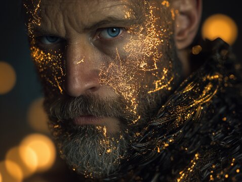 Intense bearded man with glowing golden particle effects on his face staring directly at the camera