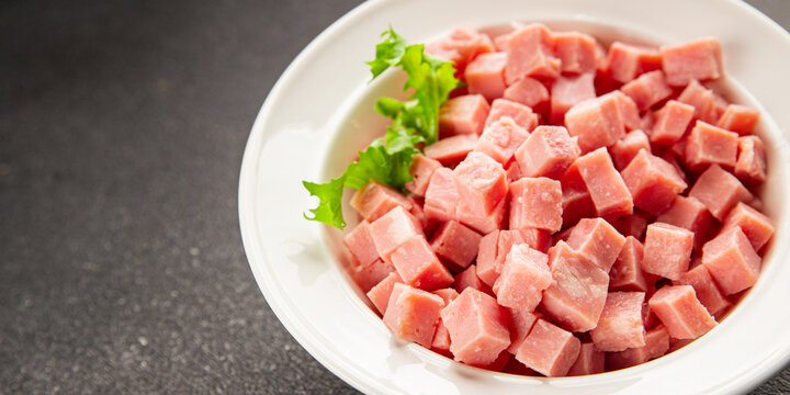 Ham cube shape pork meat tasty snack fresh, delicious, gourmet food background on the table, rustic food, top view, copy space