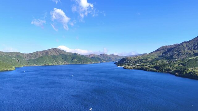 Mt. Fuji | Lake Ashi | Blue Sky | Nature - 4K Aerial Video
