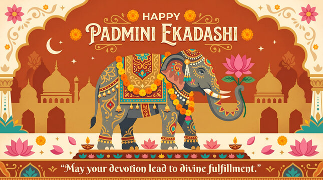Happy Padmini Ekadashi - Royal Temple Elephant with Sacred Lotus &ndash; Minimalist Vector Illustration
