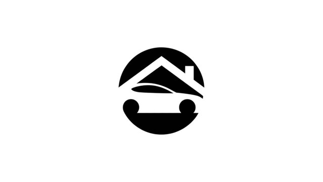 Minimalist black and white house and car icon inside circular frame Vector