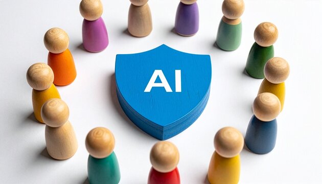 AI protection concept: Wooden figures encircling a shield with the initials AI, symbolizing data security, intelligent systems, and cybersecurity.