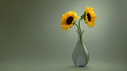 Fototapeta premium Two Sunflowers in a Glass Vase Against Soft Green Background