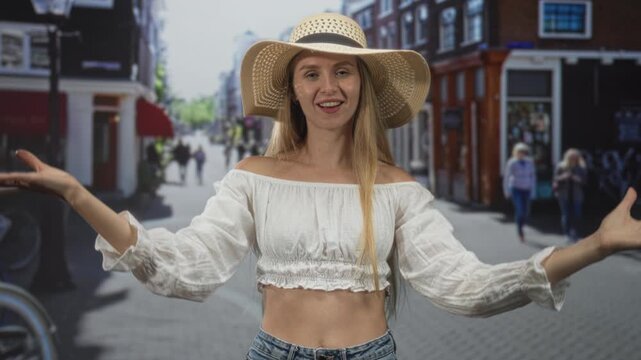 Young woman in straw summer hat reaches forward with open hands and blows a kiss on a sunlit city street lined with shops; playful vacation.