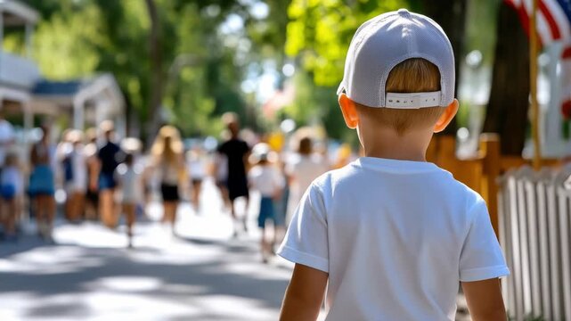 Pioneer Day Young boy wearing a gray cap looking at a blurred street parade or community gathering, celebrating cultural heritage and local tradition on Pioneer Day