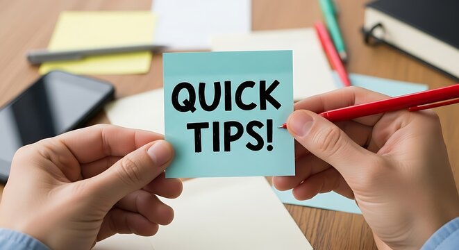 Hands holding a blue sticky note with quick tips text