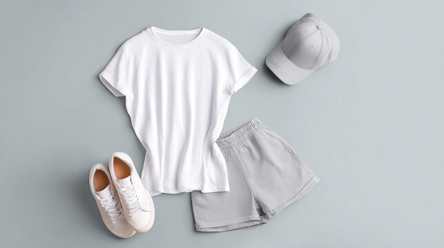 Casual Outfit with White T-Shirt, Shorts, Sneakers, and Cap