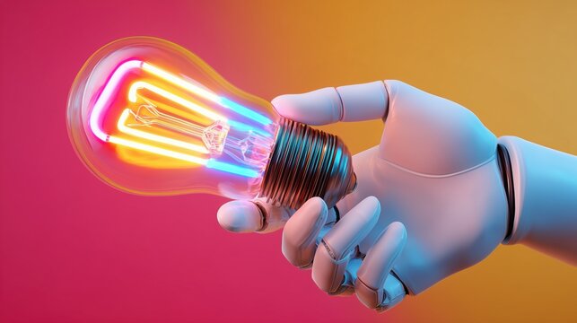 Robotic hand holding lightbulb, bright idea concept