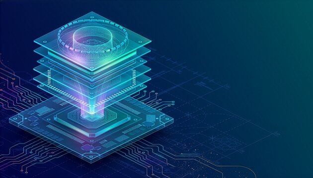 Futuristic Data Center: Illustrative rendering of a futuristic data center with illuminated layers and a cutting-edge processor. The digital, abstract composition symbolizes data processing.