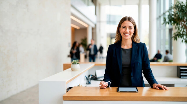 Smiling professional woman standing at reception counter in modern office lobby. Welcoming female receptionist holding stylus pen with tablet on desk