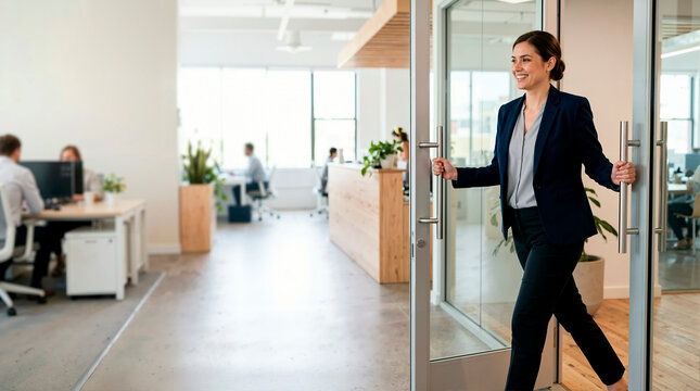 Smiling professional woman opening glass door entering modern open plan office. Confident female manager arriving at corporate workplace