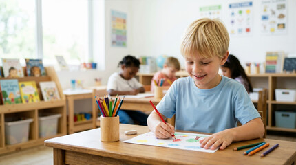 Fototapeta premium Smiling blonde boy drawing with colored pencils at a desk in a classroom. Happy elementary student engaged in a creative art activity. Primary school education concept