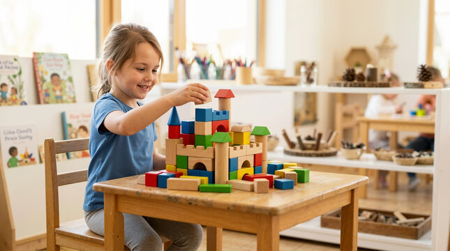 Smiling young girl building a colorful wooden block castle at a classroom table. Happy preschool student engaged in creative play. Early childhood education and development concept