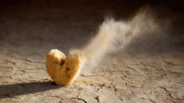 A crumbling baked good releasing fine particles on a dry surface