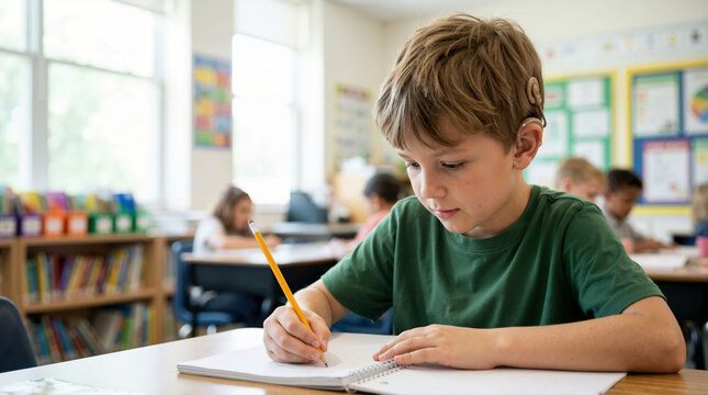 Young boy with a hearing device writing in a notebook at his desk. Focused elementary student using a pencil in a classroom. Inclusive education and special needs learning concept