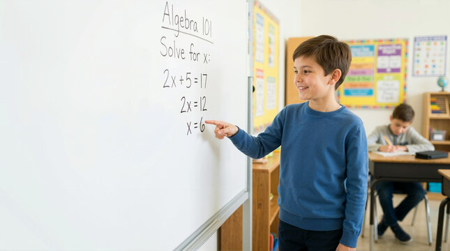 Smiling boy pointing at a solved math equation on a whiteboard. Elementary student learning algebra in a bright classroom