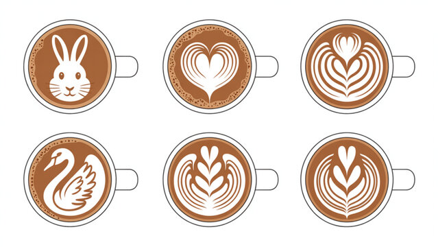Minimal Coffee Cup Line Art Set &ndash; Front View Latte Art with Cute Foam Designs