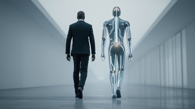 Humanoid robot in corporate corridor, AI disruption and future workforce