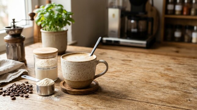 Coffee with whey isolate sits on a wooden table beside coffee beans, a plant, and a coffee maker in a cozy kitchen setting