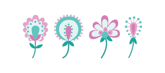 Abstract pink flowers with leaves. Set of blooming plants. Close-up for postcards and greeting cards, isolated on white background. © Olga