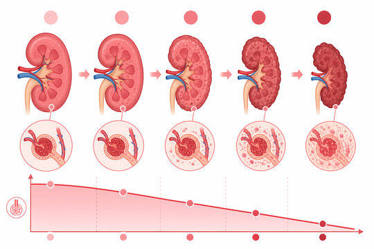 Chronic kidney disease five stages progression illustration