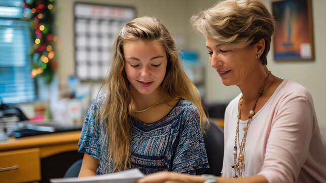 Teen girl and counselor in school office sitting and looking at college forms on her lap with the counselor pointing gently