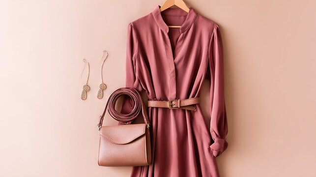 Stylish woman's outfit with accessories on hanger