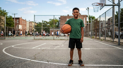 Obraz premium Portrait of a smiling African American boy holding a basketball on an urban court. Young player ready to play a game in a city park. Youth sports and active lifestyle concept