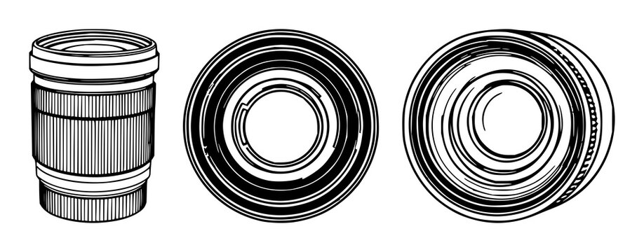 Camera lens set with black line art on white background featuring camera optics, photography equipment, graphic design with illustration and vector