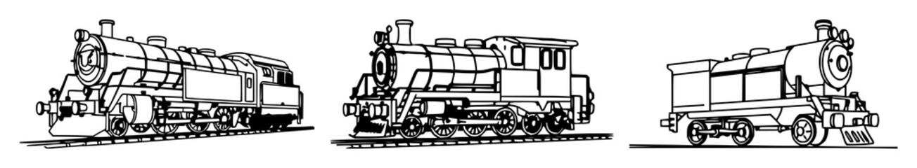 Train engine set with black line art on white background featuring locomotive, rail, tracks, engine, freight with simple and minimalist © MdRonok