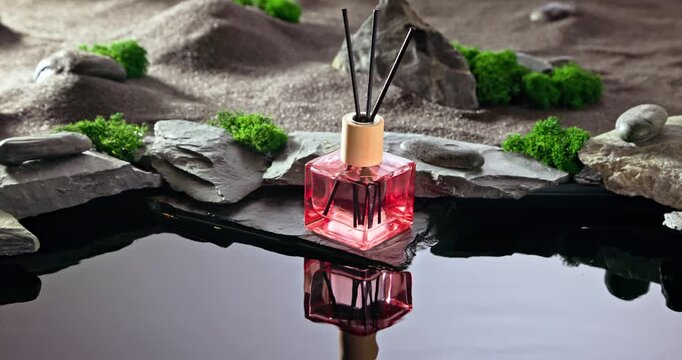 Intense fragrance diffuser on a lunar landscape with small pond.