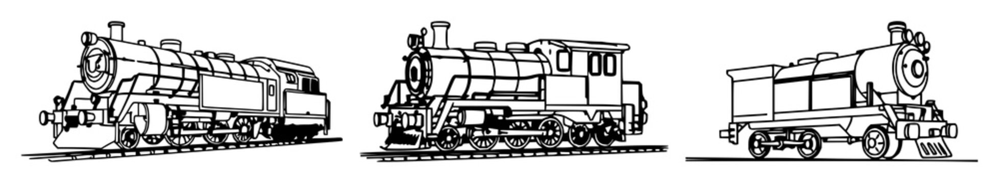 Train engine set with black line art on white background featuring locomotive, rail, tracks, engine, freight with simple and minimalist