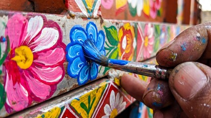 Fototapeta premium Hand painting colorful flowers on brick wall with brush