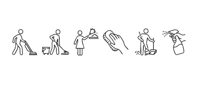 Cleaning service icons set, professional housekeeping chores symbols, housework linear pictograms for maintenance, sanitizing, mopping and dusting vector collection, minimalist style design for mobile