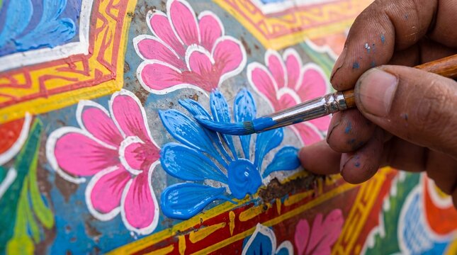 hand painting colorful flowers on thangka with brush
