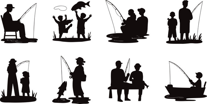 Vector illustration of fishing scenes with people, children, and boats representing leisure and outdoor activity themes