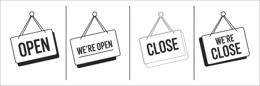 Hanging Door Sign Icons, Open And Closed Welcome Labels For Shops And Cafes, Minimal Outline Symbols For Business Hours And Availability, Clean Vector Illustration Isolated On Transparent Background.
