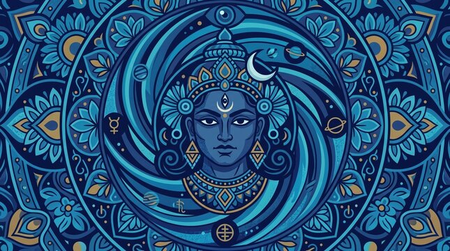 Detailed Lord Shani face integrated into a blue mandala pattern for Shani Jayanti.