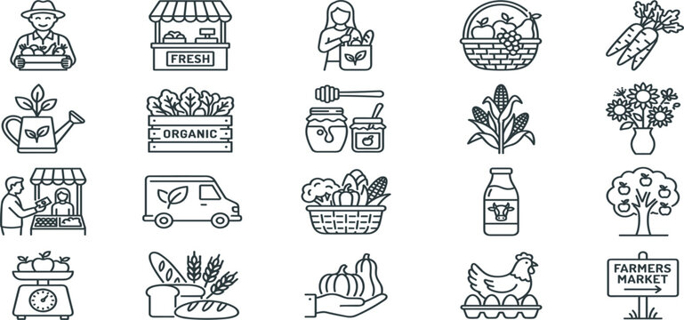 Organic farming and farmers market icon set featuring fresh produce vegetables fruits delivery and agriculture elements in clean outline style for eco food branding