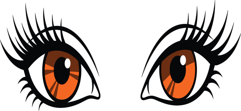 Stylized anime eyes vector illustration with dramatic eyelashes and orange glowing irises isolated on background perfect for character design, avatars, stickers, and digital art