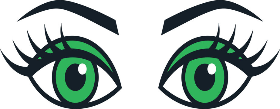 Stylized green anime eyes vector illustration with bold eyebrows and dramatic eyelashes isolated on background perfect for character design, avatars, stickers, and digital art